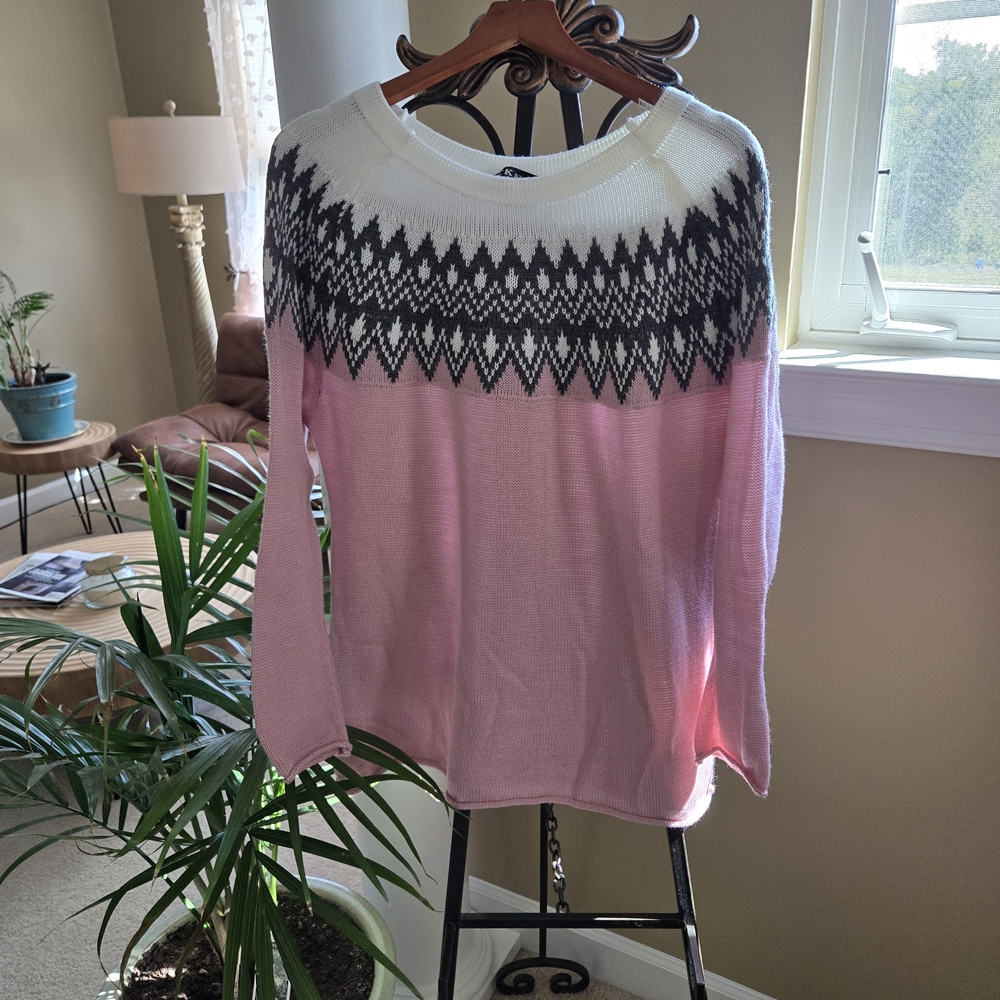 CCK Style Women's Sweater Large Pink & White Nordic Fair Isle Knit Pullover